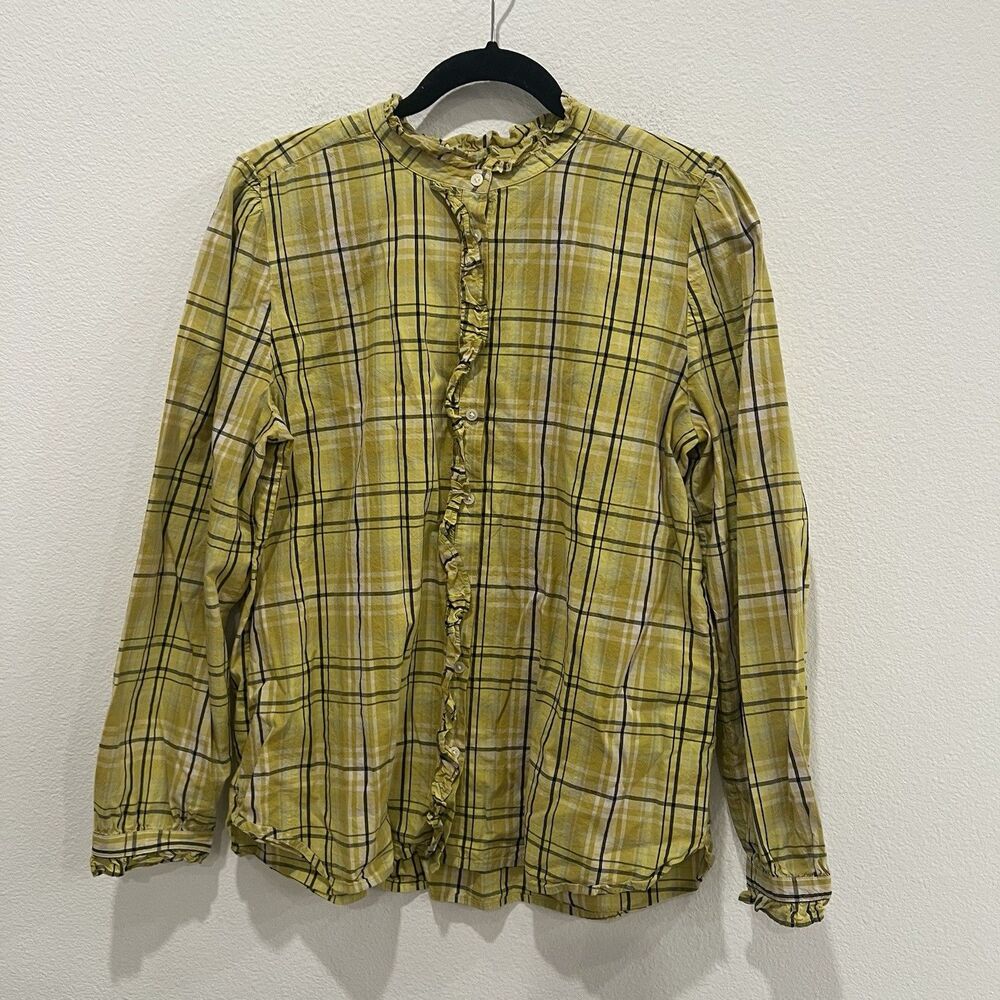LOFT Top Womens Large Ruffle Trim Plaid Bright Long Sleeve Yellow Cotton Modal